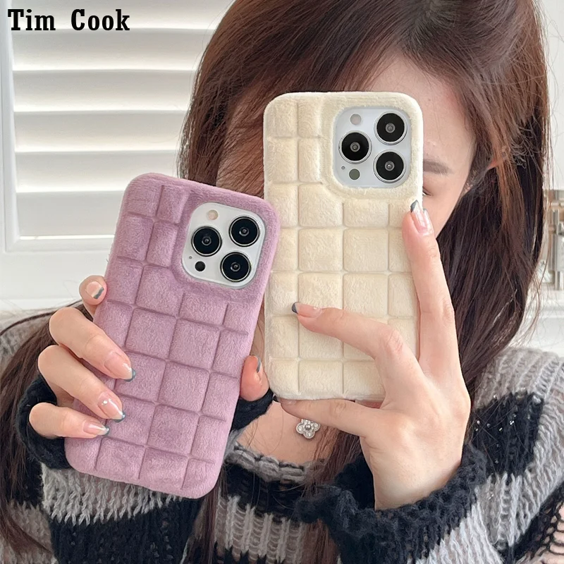 

For iPhone 14 Pro Max Plus iPhone 13 12 11 Pro MAX Luxury Plush Soft TPU Cover Fashion Solid Color Check Case