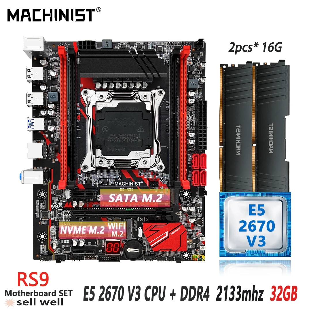 

MACHINIST RS9 X99 Motherboard Set LGA2011-3 Kit Xeon E5 2670 V3 CPU Processor 2x16=32GB DDR4 ECC RAM Memory SSD NVME M.2 M-ATX