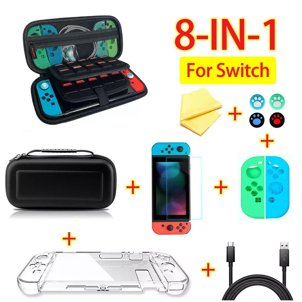 

Набор игровых аксессуаров 8 в 1, черный, красный, синий для Nintendo Switch OLED, дорожная сумка для переноски, защита экрана, чехол, кабель для зарядки