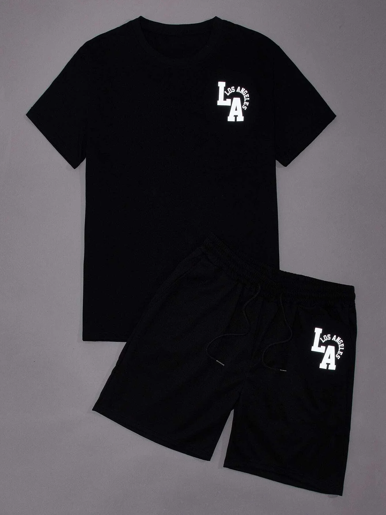 

Men Reflective Letter Graphic Tee & Drawstring Waist Shorts