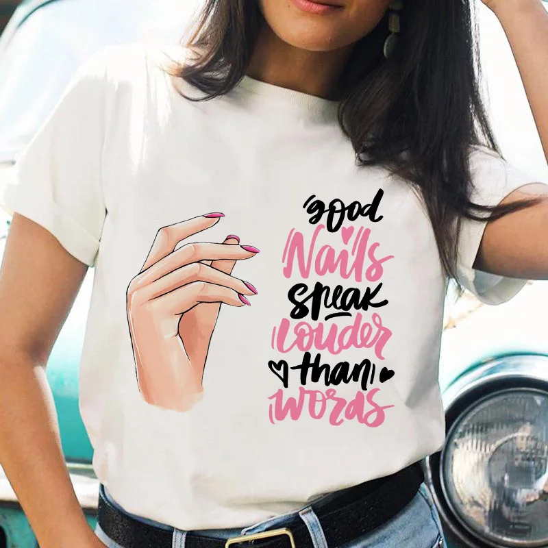 

2022 Black White Summer Women T shirts Nail Shape Print Fashion Spring Letter Cartoon Short Sleeve Graphic Woman Tee T-Shirt Hot
