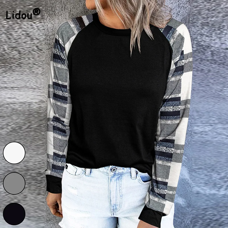 Купи Round Neck Solid Color Patchwork Printing Long Sleeve T-Shirt Commute Loose Pullover Tops Spring Autumn Fashion Female Clothing за 982 рублей в магазине AliExpress