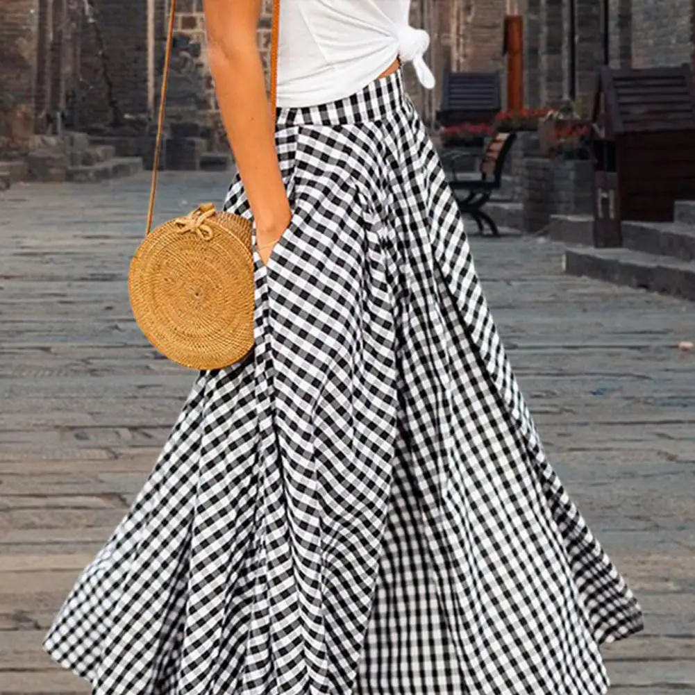 

Popular Skirt Elegant Women Skirt Plaid Slim Draped Maxi Skirt Pockets