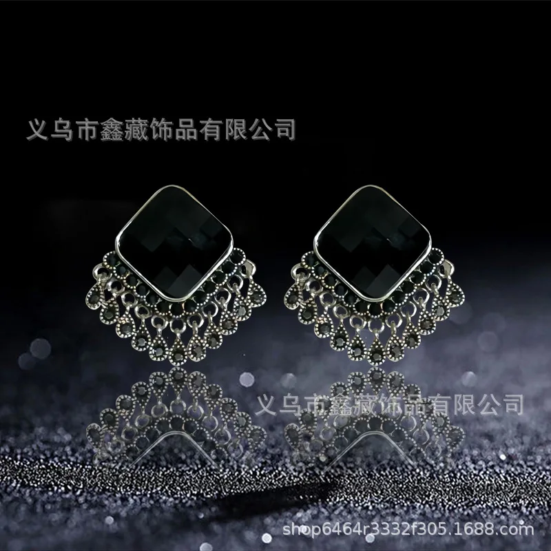 Винтажные серьги с черными кристаллами и бриллиантами бахромой женские