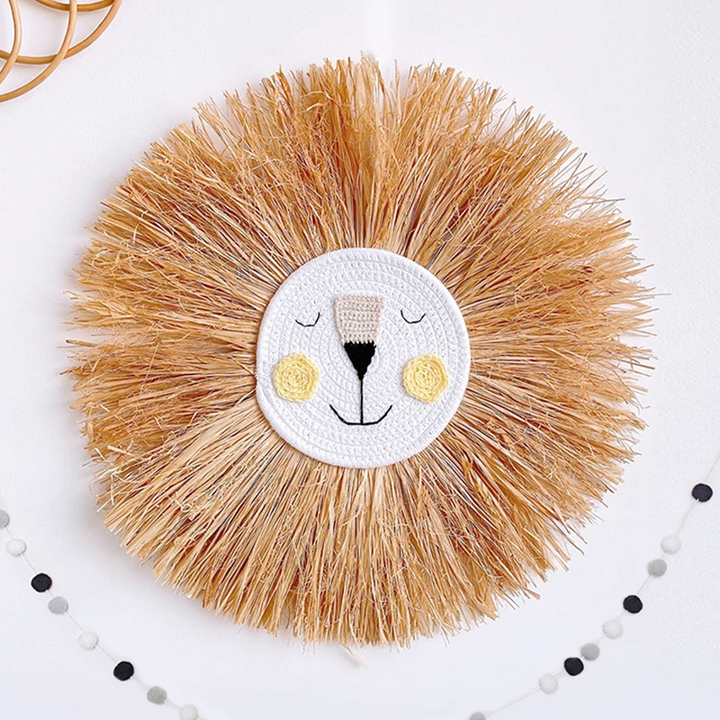 

Kids Room Decor Cartoon Lion Head Hanging Decorations INS Nordic Hand woven Cotton Thread Weaving Animal Ornaments Wall Hanging