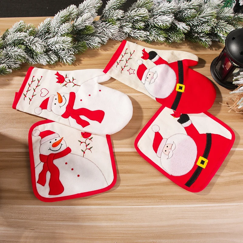 

Embroidered Christmas decorations for the elderly Snowman insulated gloves Insulated placemat microwave oven hanging glove mat