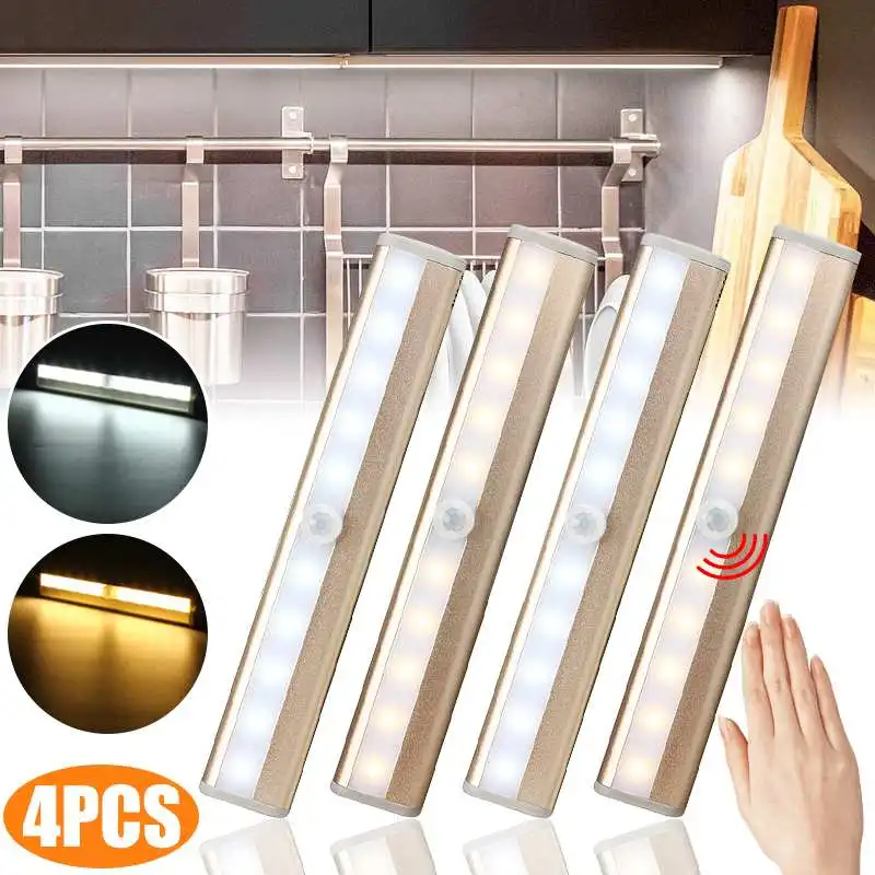 

4PCS PIR Motion Sensor LED Under Cabinet Light Wireless Wall Lamp Wardrobe Cupboard Drawer Closet Bedroom Kitchen Night Light