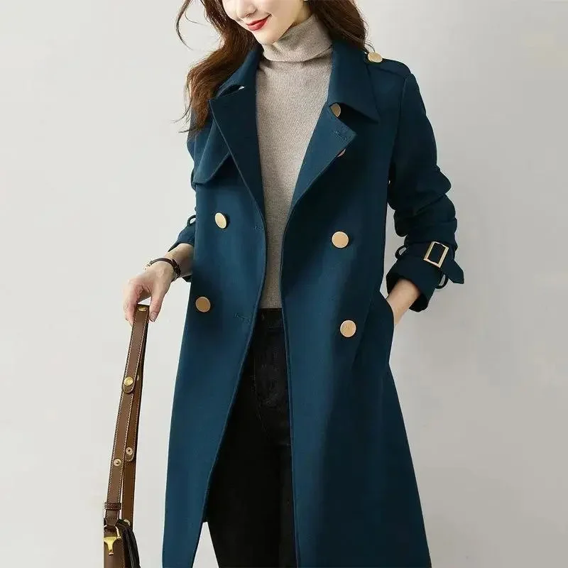 

Elegant Women's Trench Coat New Solid Color Double Breasted Mid Length Ladies Office Windbreakers Women's Basic Coat Outerwear