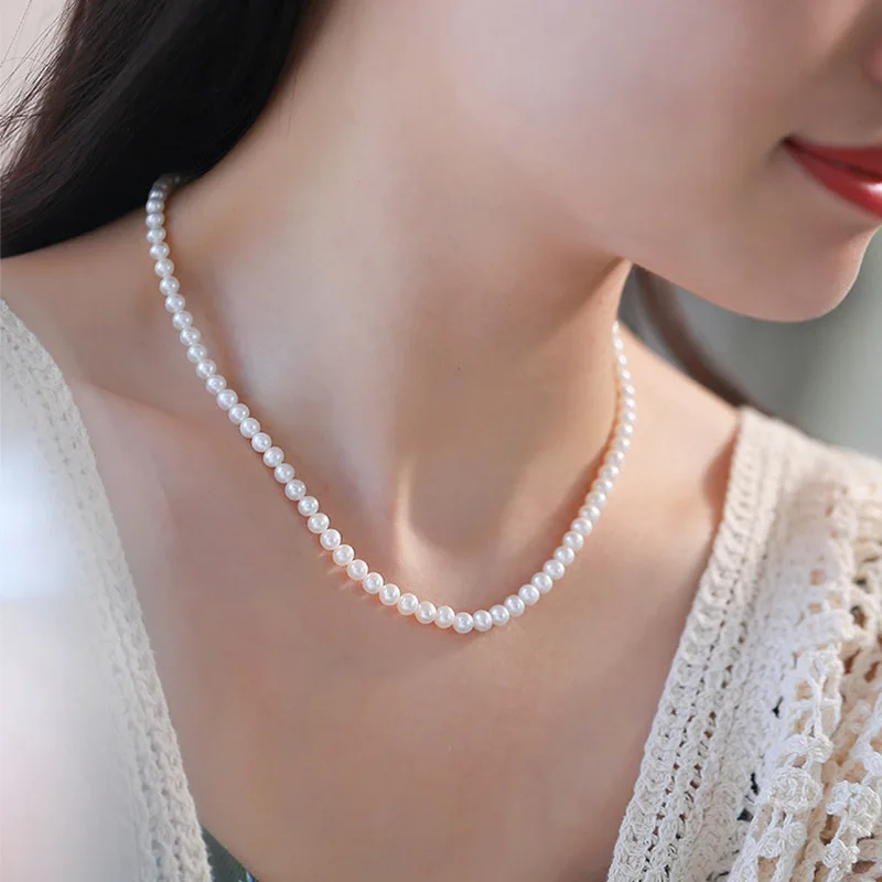 

HECAN 925 Natural Freshwater Small Round Pearl Necklace Women's Versatile Fine Jewelry High-end Sense Collarbone Chain Wholesale