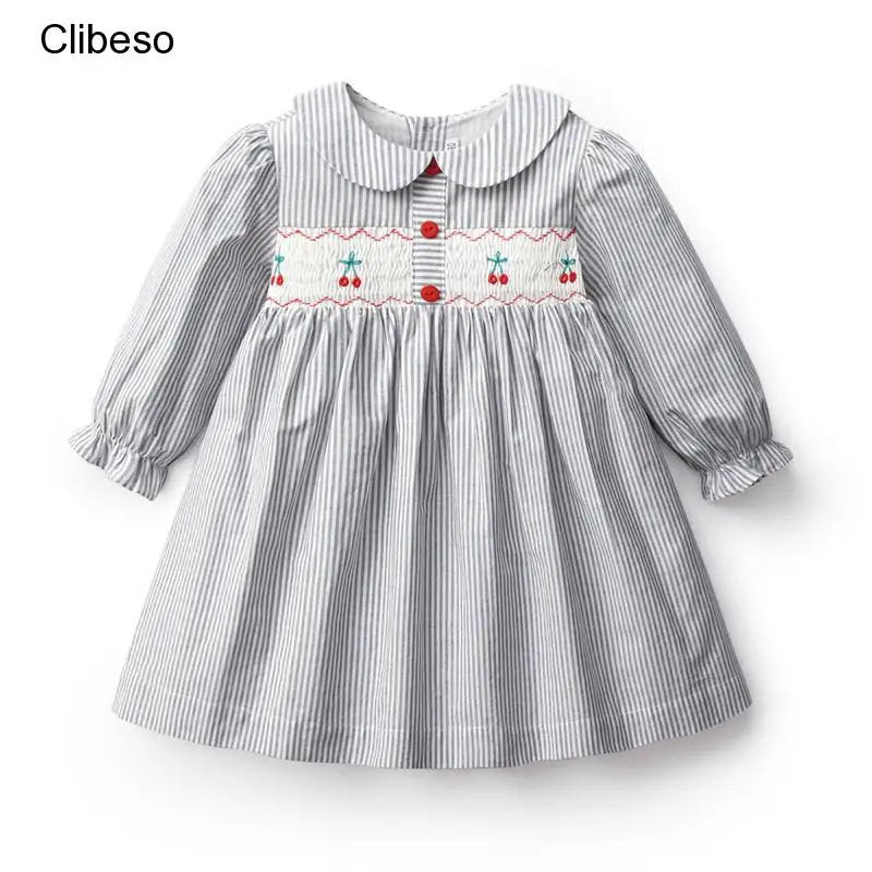 

Dress Baby Girls Smocked Vestidos Children Hand Made Smocking Dresses Sister Matching Clothes Embroidered Cherry Plaid Frocks
