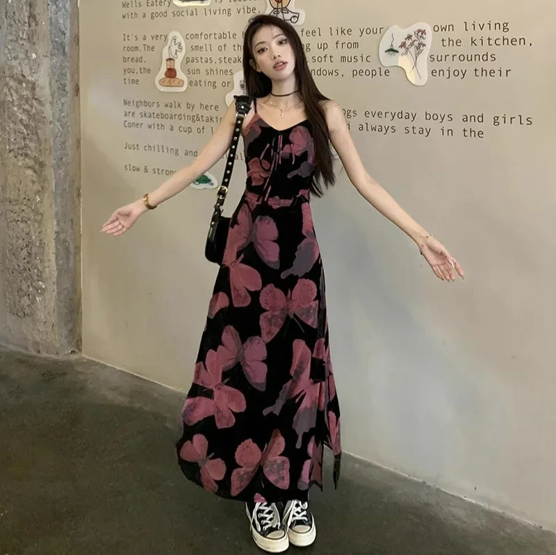 Vintage French Tie-Dye Butterfly Tank Dress Women's Clothing Summer Sweet Spicy Girl Waist-Fitted Elegant Wrap Around Short Skir