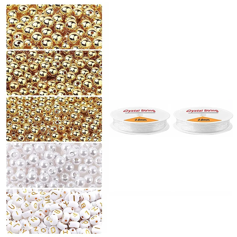 

1800Pcs Beads Making Kit, Gold Round Spacer Beads, Alphabet Beads, White Pearl Beads And Elastic String For DIY Bracelet