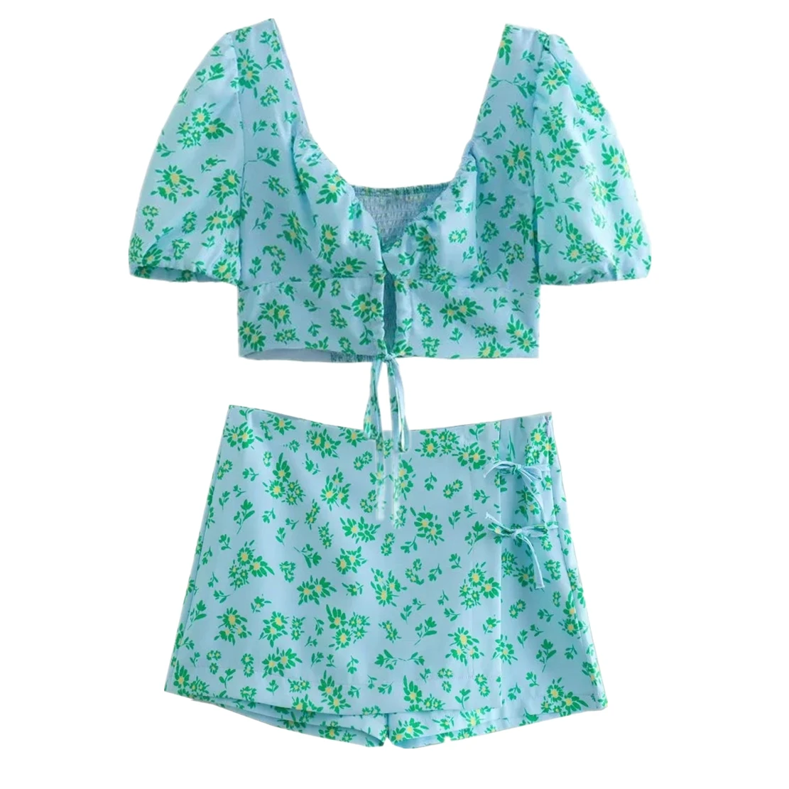 

Withered 2022 Indie Folk Tropical Culotte Skirts Short Women Two Pieces Sets High Street Floral Print Short Shirt Blouse Tops
