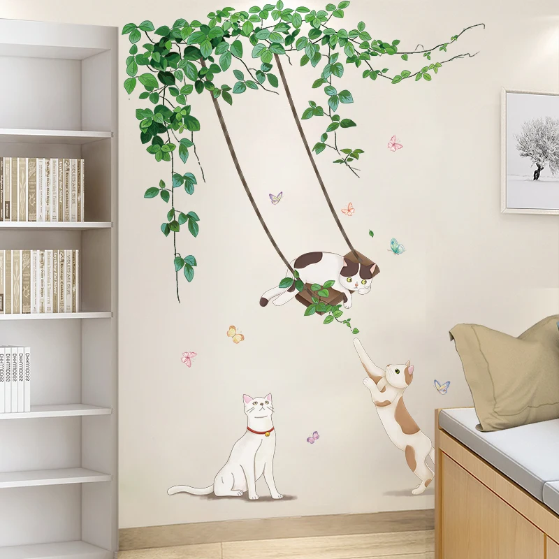 [Shijuekongjian] Зеленые растительные листья наклейки на стену DIY кошки животные
