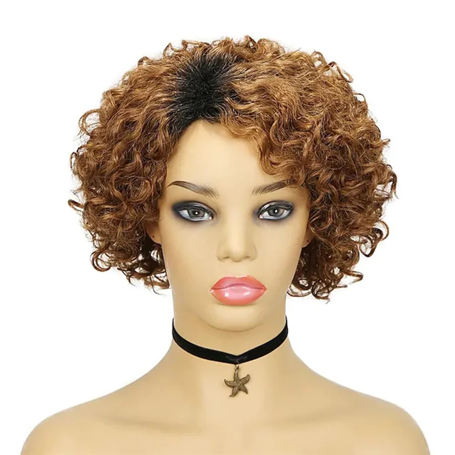 Short Curly Wigs Pixie Cut Human Hair Wig For Women Black Brown Ombre Hair Full Wigs