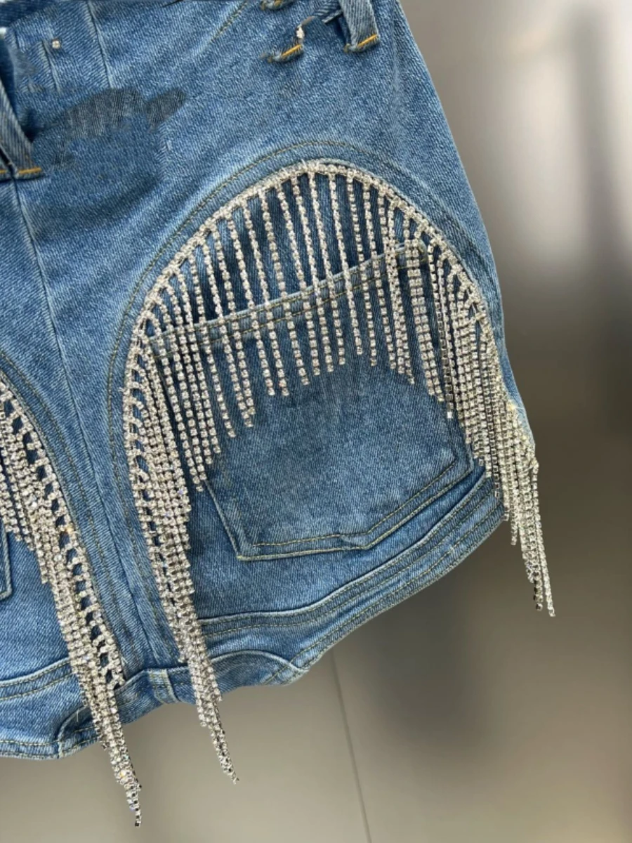 Summer Shorts Women's Heavy Diomand Tassel Pocket Slimming Patchwork Denim Shorts European Style Street Shorts Jeans High Street
