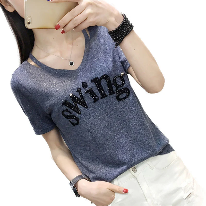 

Женская футболка с коротким рукавом, V-образным вырезом и буквенным принтом