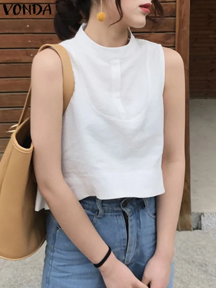 

VONDA Women Ruffled Shirts Sexy Sleeveless Blouses Summer Tunic Tops Casual Stand Collar Solid Color Shirts 2023 Fashion Blusas