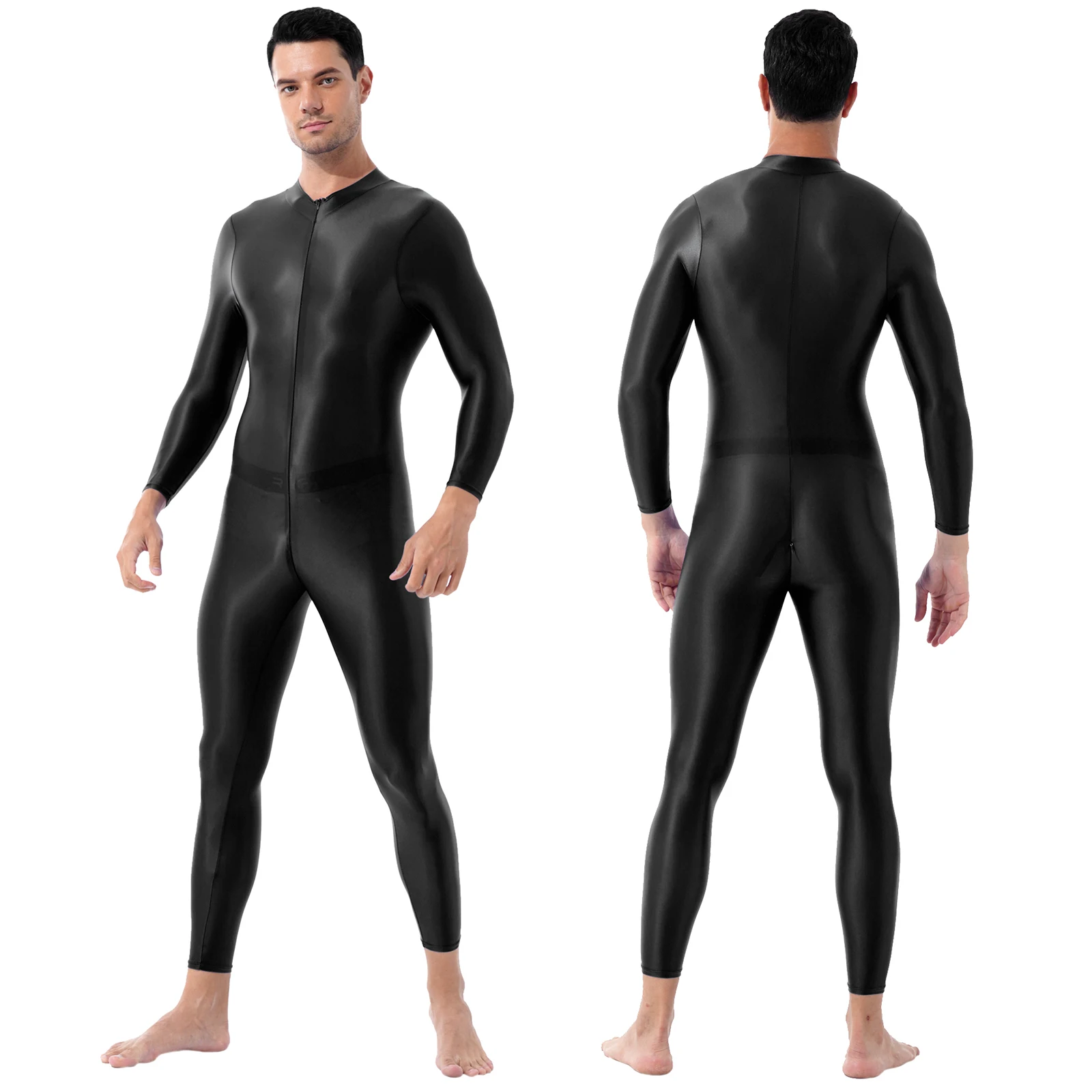 

Mens One-piece Black Shimmery Smooth Lingerie High Neck Long Sleeves Ankle Length Double-ended Zipper Leotard Bodysuit Jumpsuit
