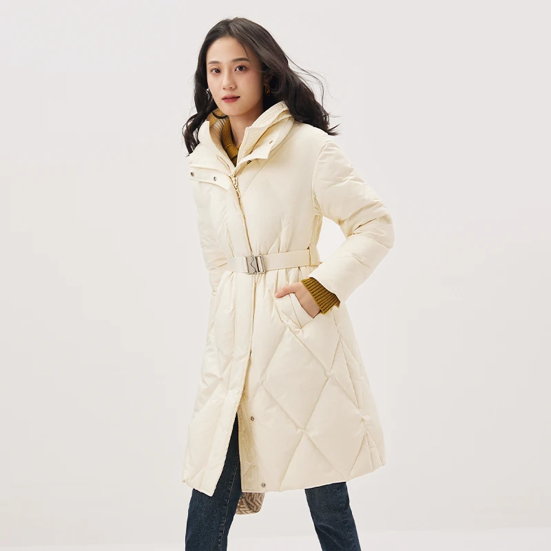 Design Hood Long  Jackets for Women  90%  White Duck Down  High Street  Winter  Parkas  Adjustable Waist  Zipper  Coats