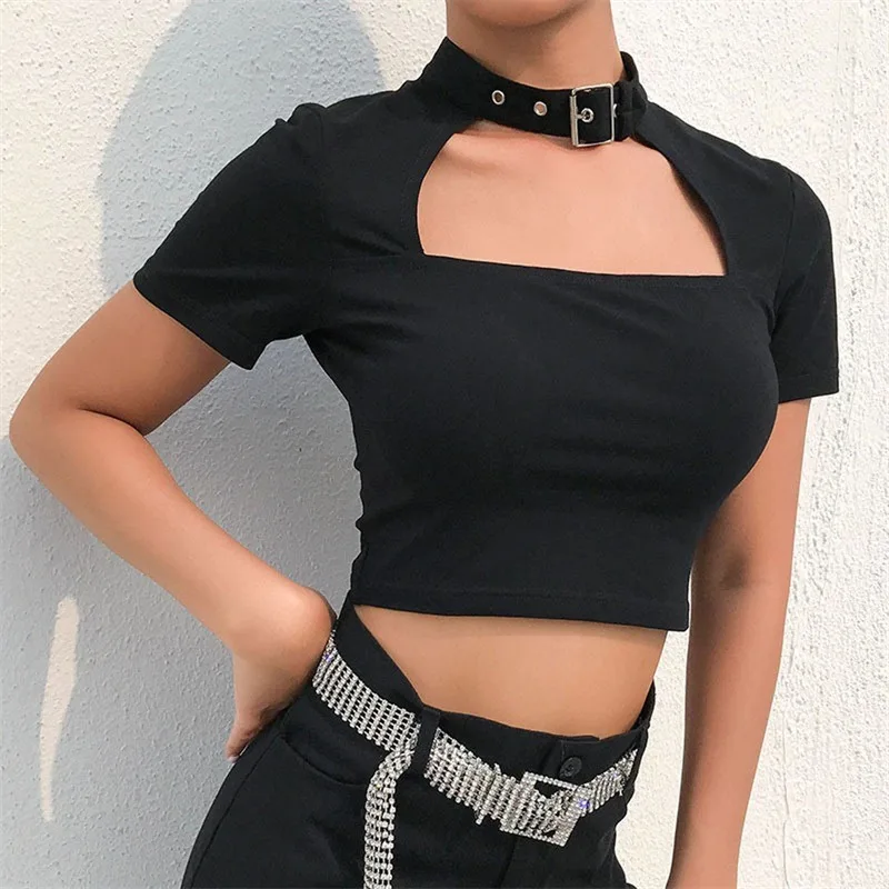 

T-Shirt Bow Tie With Cut Hole For Woman 2022 Fashion Streetwear Cotton SummerTshirt Slim Sexy Hot Black Women T-Shirt