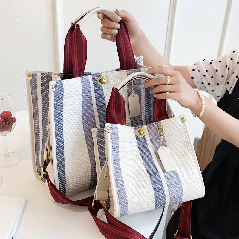 

Large Tote Bag Casual Stripe Canvas Handbag For Women Wide Shoulder Strap Bag Female 2023 Trendy Texture Shoulder Bag Commuter