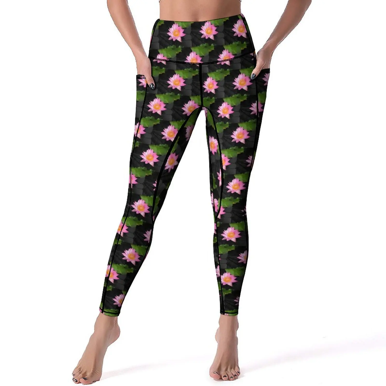 

Pink Water Lily Quality Yoga Pants Women Floral Print Leggings Push Up Retro Yoga Sports Tights Quick-Dry Gym Leggins