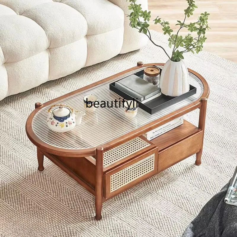 

Japanese Style Coffee Table Living Room Home Oval Solid Wood Rattan Bed & Breakfast Log Double Layer Tea Table