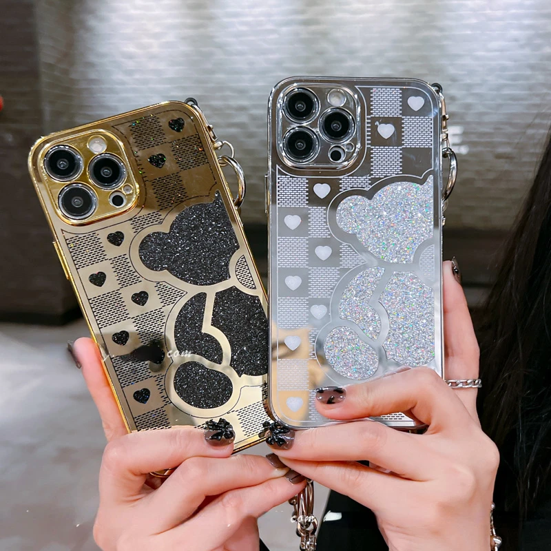 

14 Pro Case Luxury Plated Glitter Bear Metal Crossbody Shoulder Chain Strap Cover for iPhone 13 Pro Max 11 12 7 8 Plus XR X XS