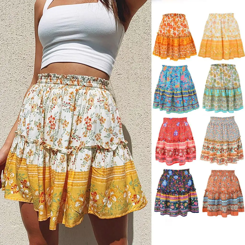 Women Skirt 2022 Summer Floral Print Boho Sexy Mini Skirt Fashion High Waist Frills Short Skirt Female Casual Pleated Skirts