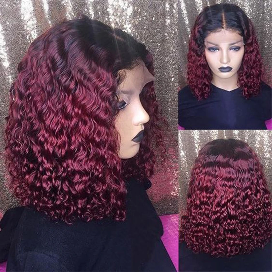 Brazilian Highlight Curly Bob Wig Deep Wave Lace Front Human Hair Wigs Remy 13x4 Highlight Ombre Color Lace Wig 150% Black Women
