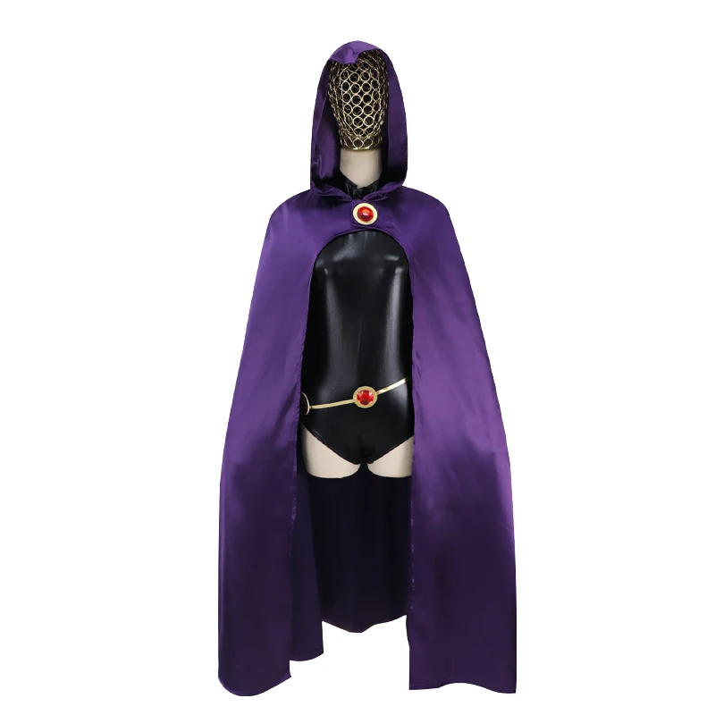 ladTitans Raven Cosplay Costume  womenSuperhero Cloak Jumpsuits Zentai Halloween Tight Clothes  Cape  Waist Jewelry Chain