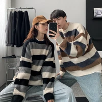 2021 autumn winter new hong kong style striped o neck mens sweater loose couples bottom knit sweater male pullover oversize