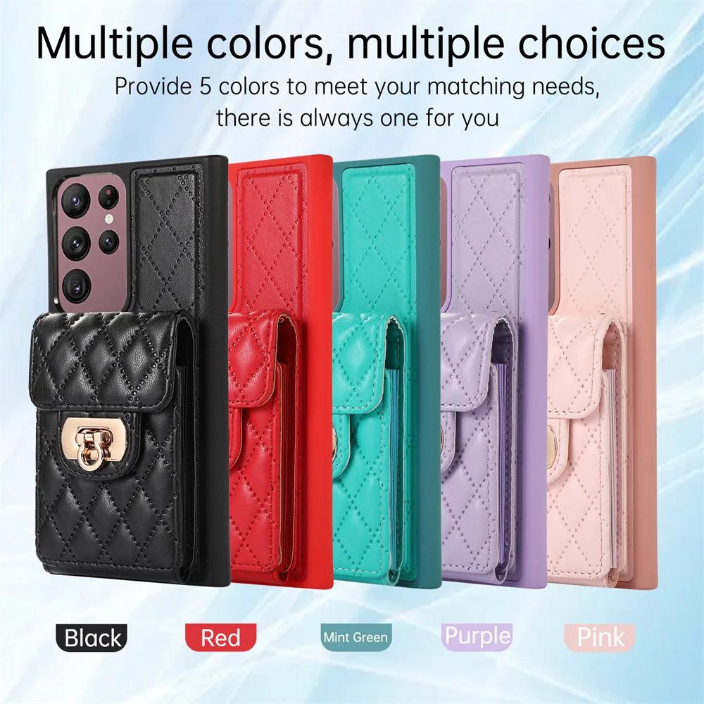 Luxury Mesh Leather for Samsung Galaxy S20 S21FES23 S22 Ultra Plus  A54 53 52 34 14 13 12Crossbody Bag Wallet Phone Case Lanyard