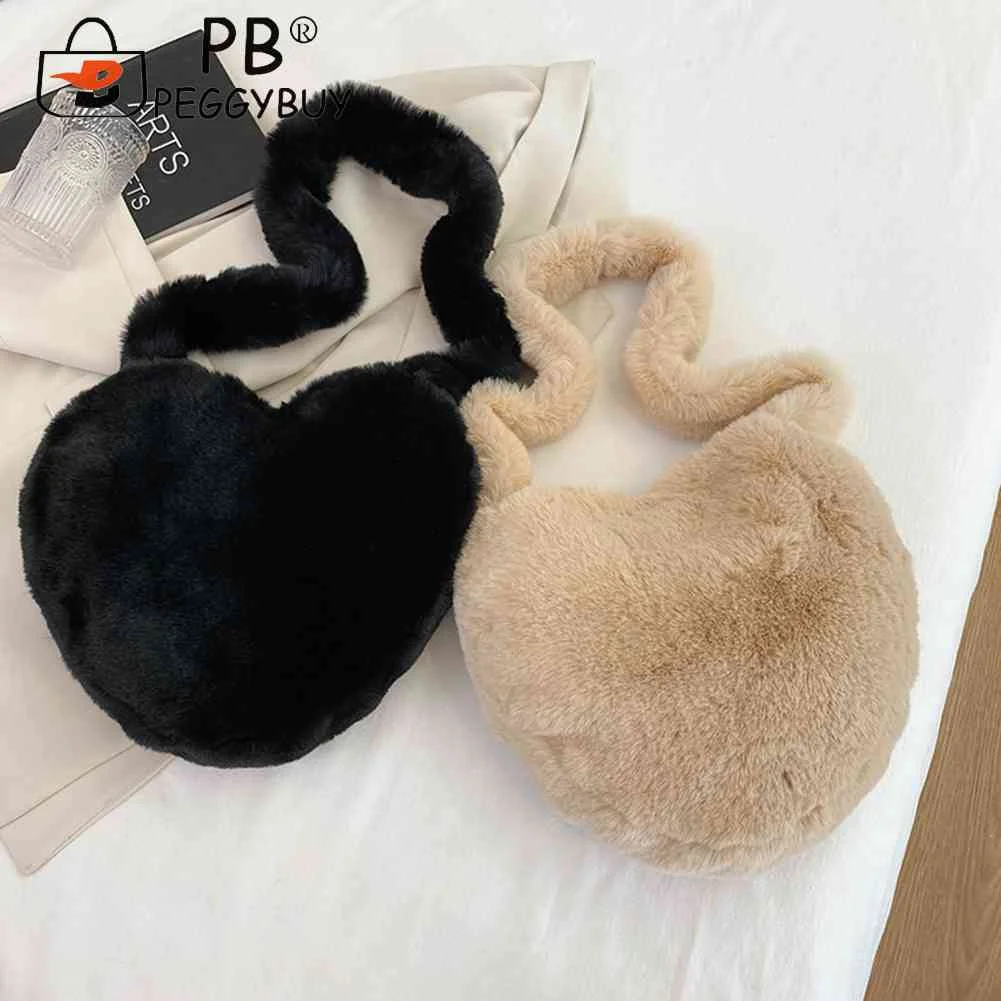 

Autumn Winter Shoulder Handbags Love Heart Shape Ladies Tote Handbags Soft Fluffy Purses Handbags Solid Color for Daily Shopper