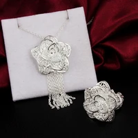 beautiful 925 stamp silver color fine flower pendant necklace rings jewelry set for women fashion party wedding girl gift