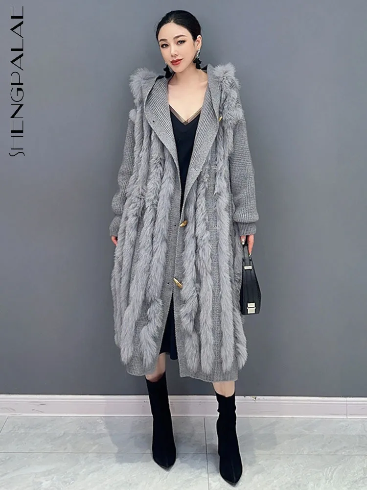 

SHENGPALAE Plush Spliced Women Knit Trench Coat Korean Fashion Thicken Hooded Horn Button Windbreaker Autumn 2023 New Tide R6004