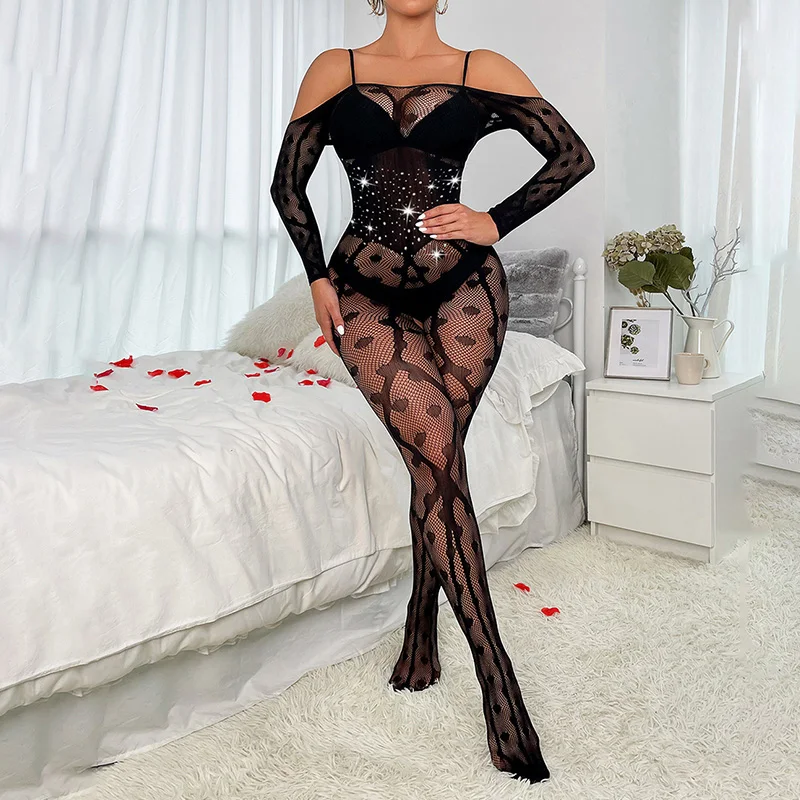 

Fashion Sexy Perspective Erotic Lingerie Printed Shiny Diamond Mesh Long Sleeve Slim Bodystocking