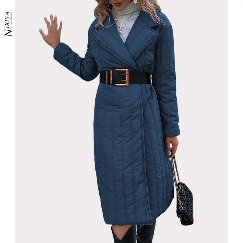 New slim and slim long cotton-padded clothes with solid color temperament Belt lapel thick warm polyester fiber women's coat
