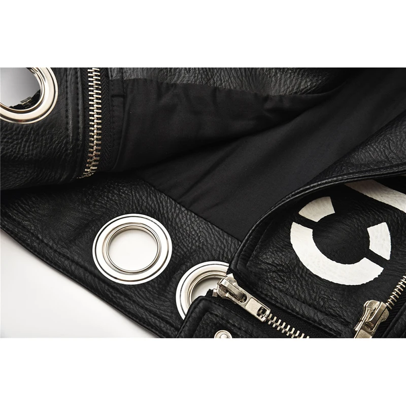 Motorcycle Leather Jacket Women Short Fashion Rock Punk Studded Streetwear Printed Black PU Leather Heavy Coats jaqueta de couro