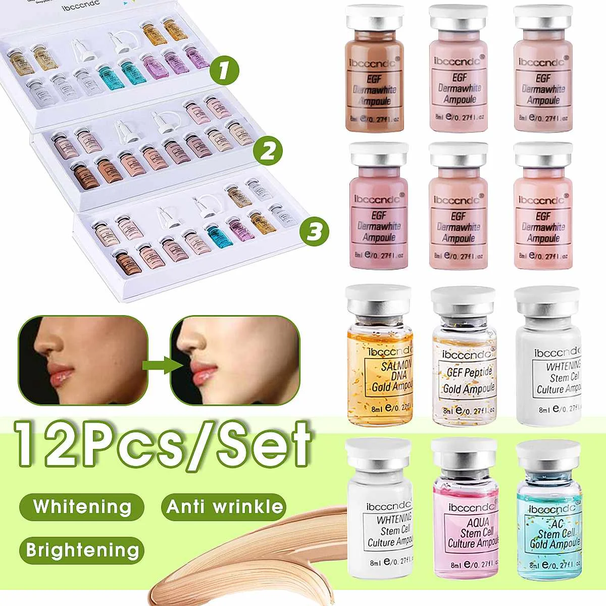 

8ml X 12Pcs/Set Ibccndc BB Cream Glow DERMA SERUM Brightening Liquid Foundation Starter Kit All Skin Types