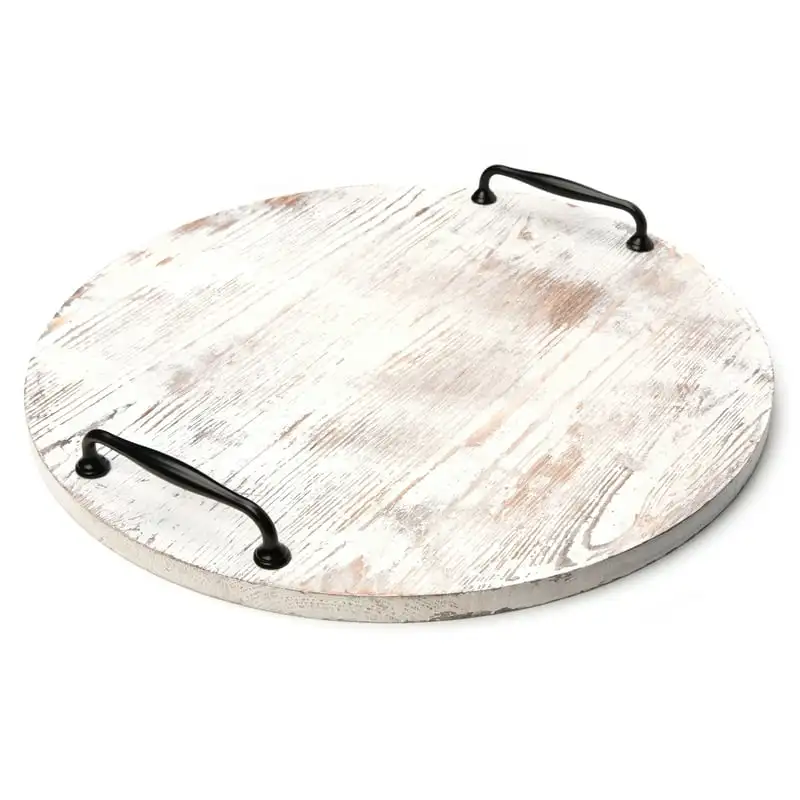 

DIY 18" Round Wood Tray With Metal Handles, White Wash
