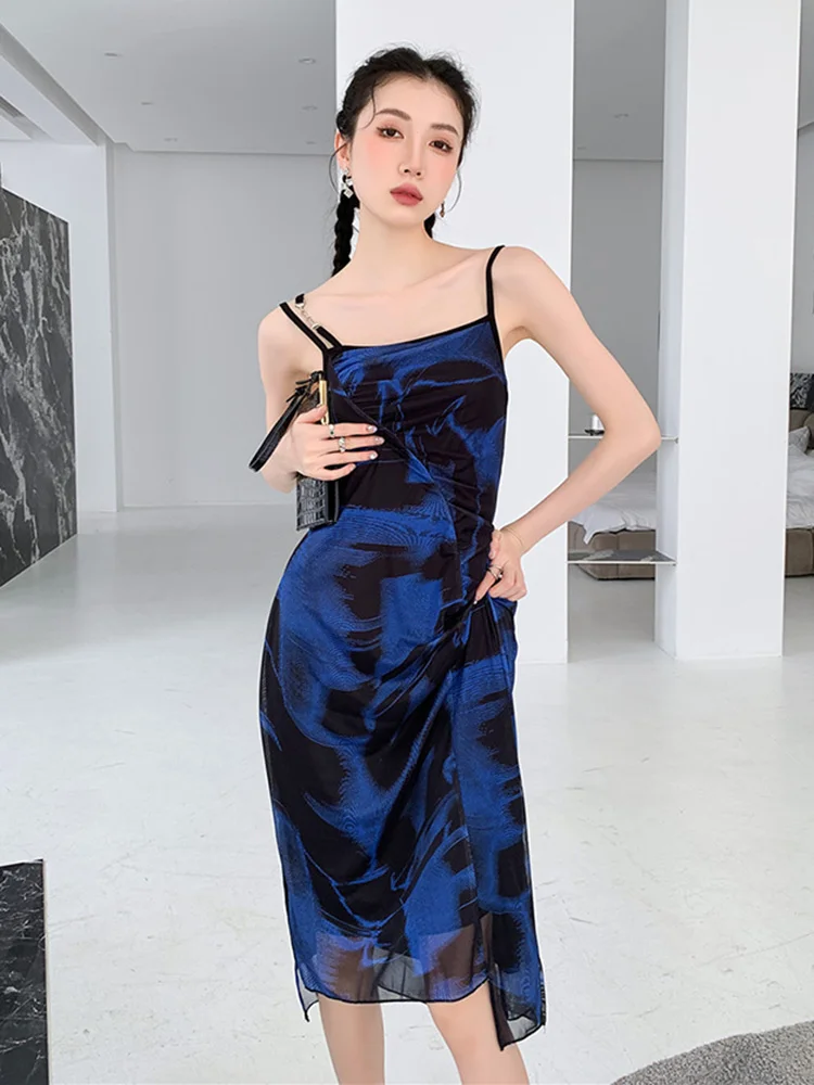 

Black Blue Color Block Printing Slim Suspender Mesh Dress For Women 2022 Summer New Split Retro Elegant Dresses G292