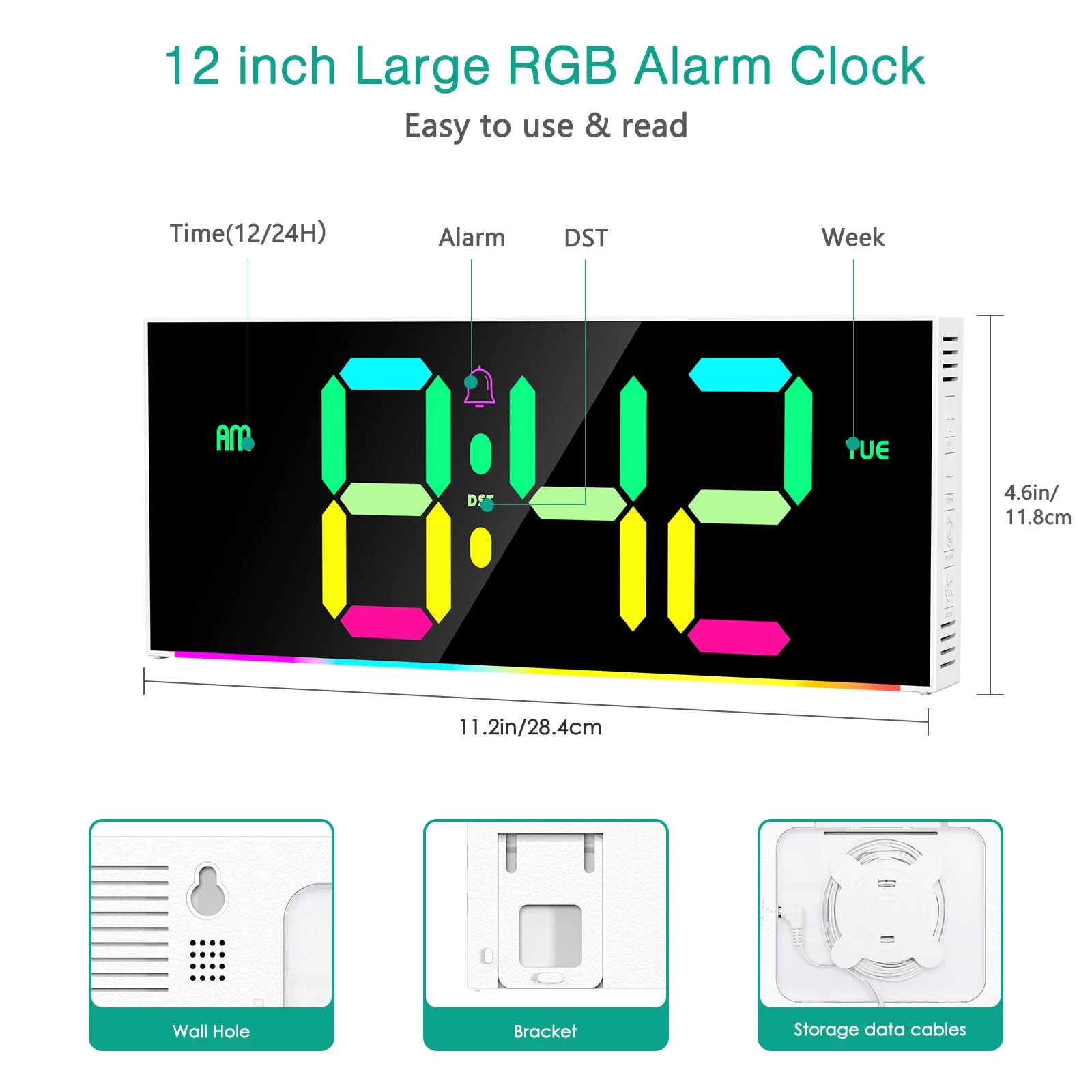 ORIA цифровые настенные часы 12 дюймов с большим дисплеем RGB красочный будильник