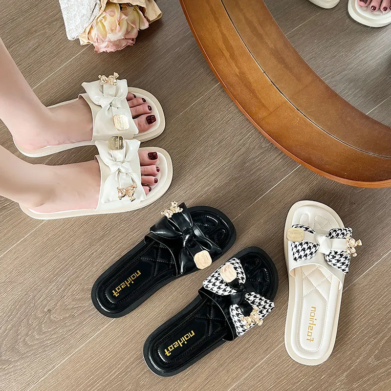 

Beach Shoes Slippers Casual Slides Slipers Women Low Butterfly-Knot Sabot Luxury 2023 Flat PU Rubber Fashion Butterfly-knot