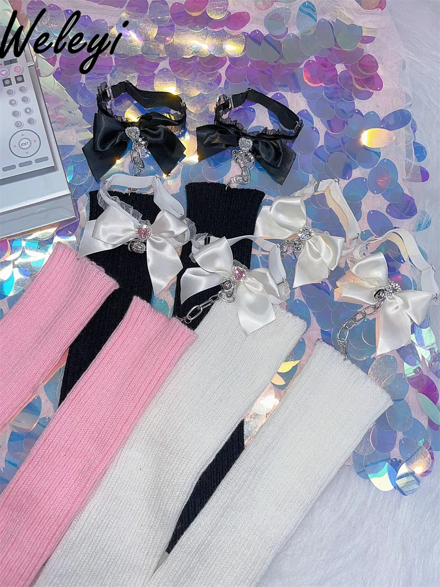 Носки Y2K женские с бантом и кольцом вязаные гетры в японском стиле Харадзюку