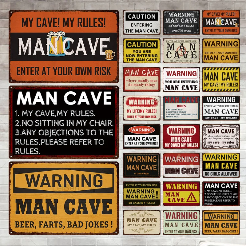 

Man Cave Metal Tin Sign Funny Vintage Plaque Warning My Rules Caution Decorative Plate Wall Decor for Bar Pub Club Game Room