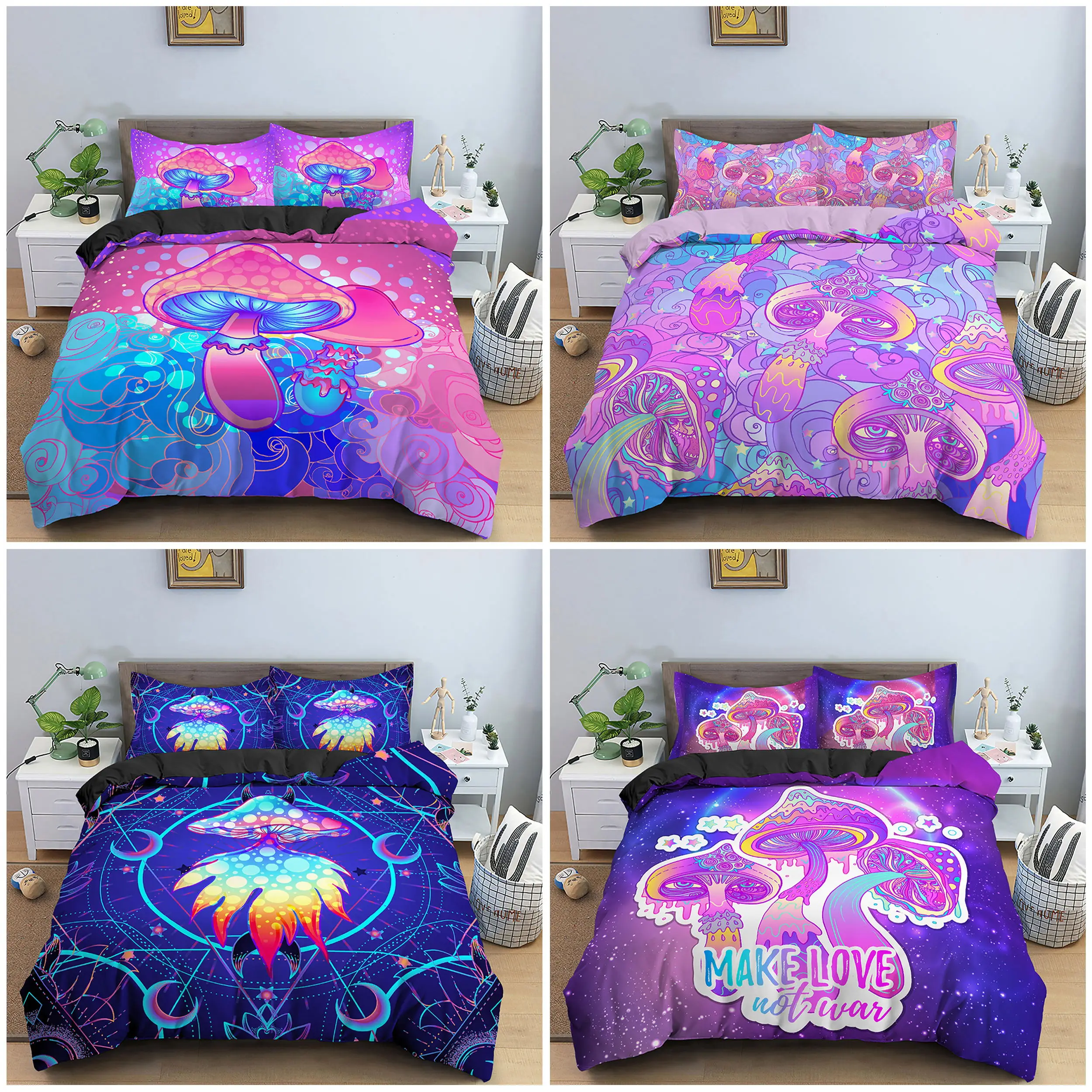 

Комплект психоделического постельного белья с пододеяльником в виде грибов, пододеяльник для спальни с 3D рисунком, простыни с наволочкой, одинарный, большой размер, домашний текстиль, 2/3 шт.