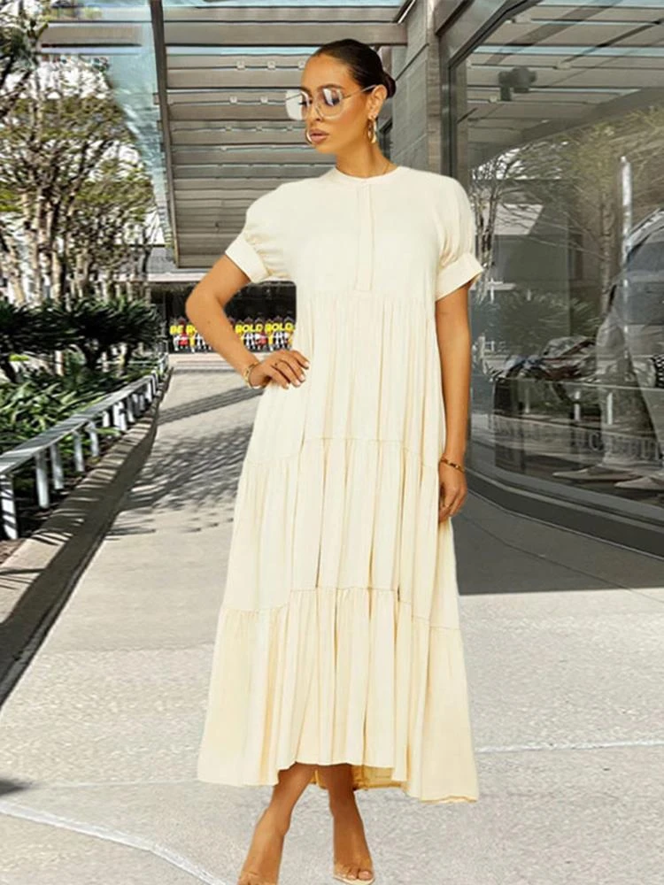 

Women Big Swing Cascading Ruffles Dress Short Sleeve Maix Long Dresses Summer Solid Color Loose Casual Elegant O-neck Robe
