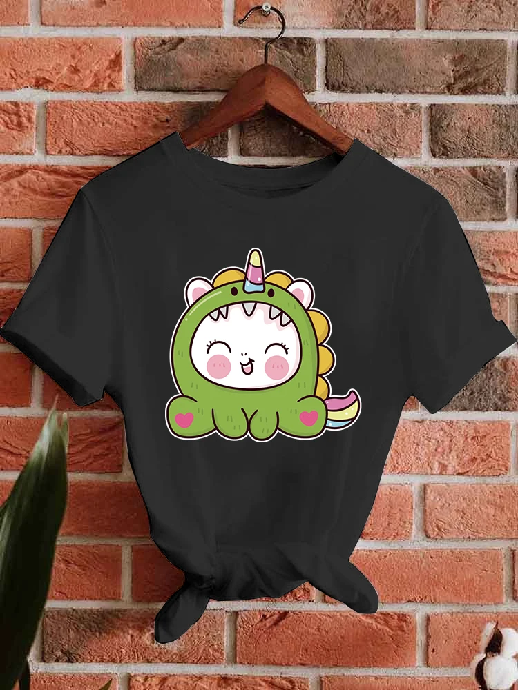 

Cartoon Animal Print T-shirt White Women's T Shirts Minimalist Tops Cute Dinosaurs Graphic Tshirt Sweet Girl's Clothes Y2k Tees